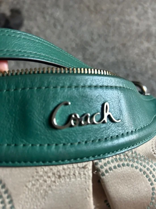 Coach Taupe Signature Crossbody with Green Leather Trim - Picture 8 of 12